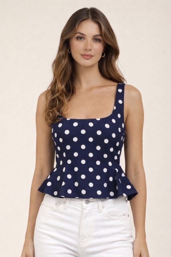 Navy Polka Peplum Top